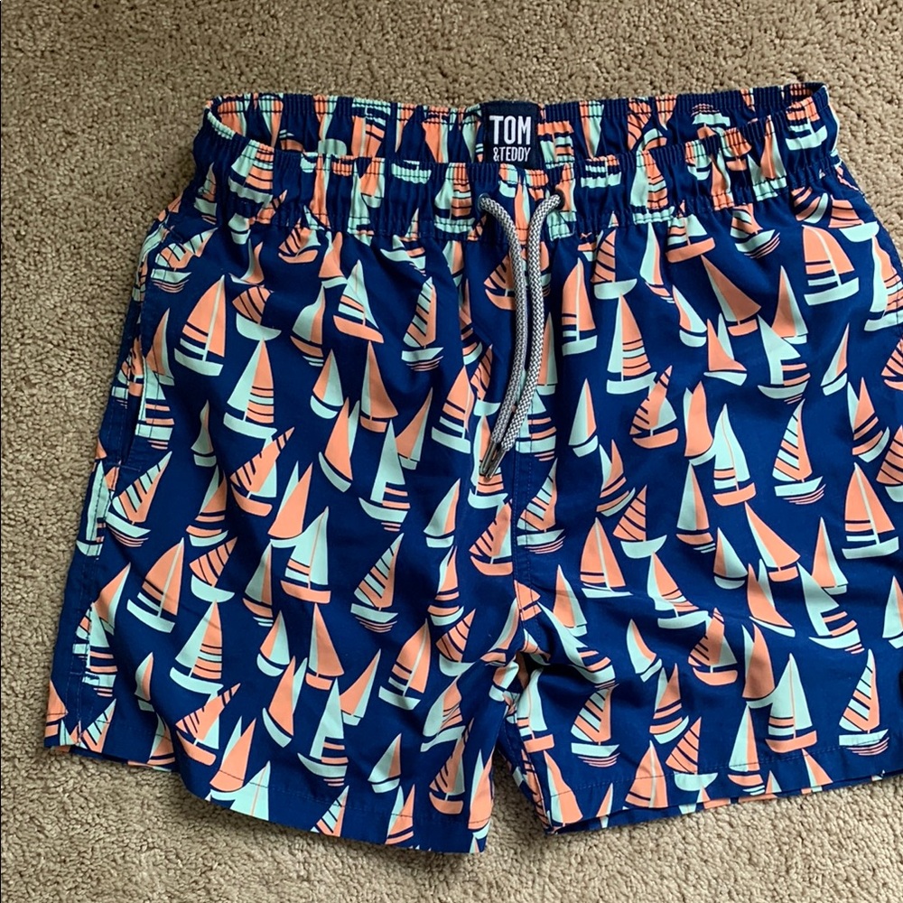 Tom & Teddy Navy and Orange Sailboat Swim Trunks